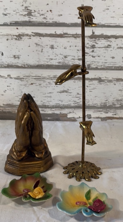Chalkware Praying Hands, MCM Brass Hands Clip, Trinket Dishes