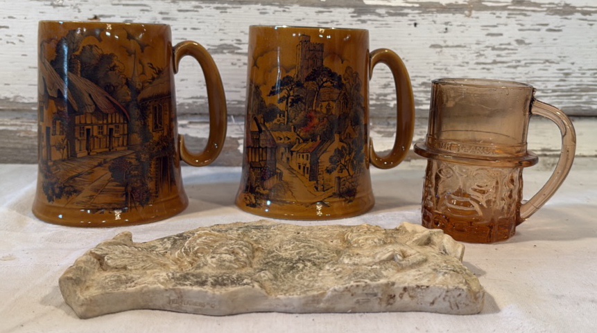 Wood & Sons English Ironstone Mugs, Mr. Peanut Depression Mug, Cherub Wall Hanging