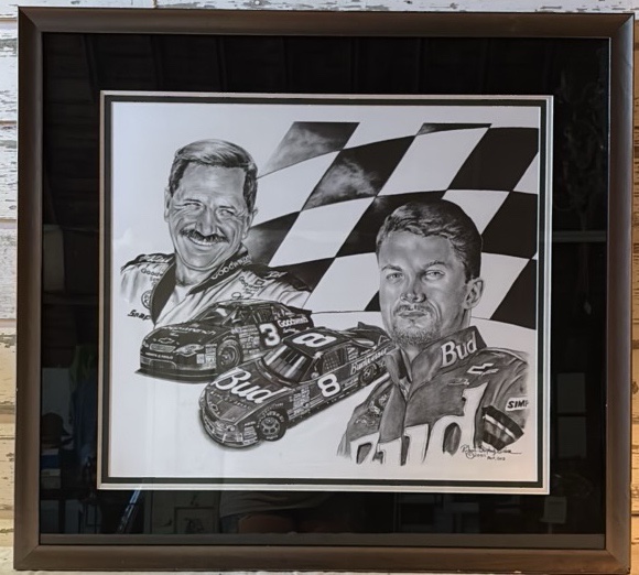 Dale Earnhardt Sr and Jr Black and White Lithograph