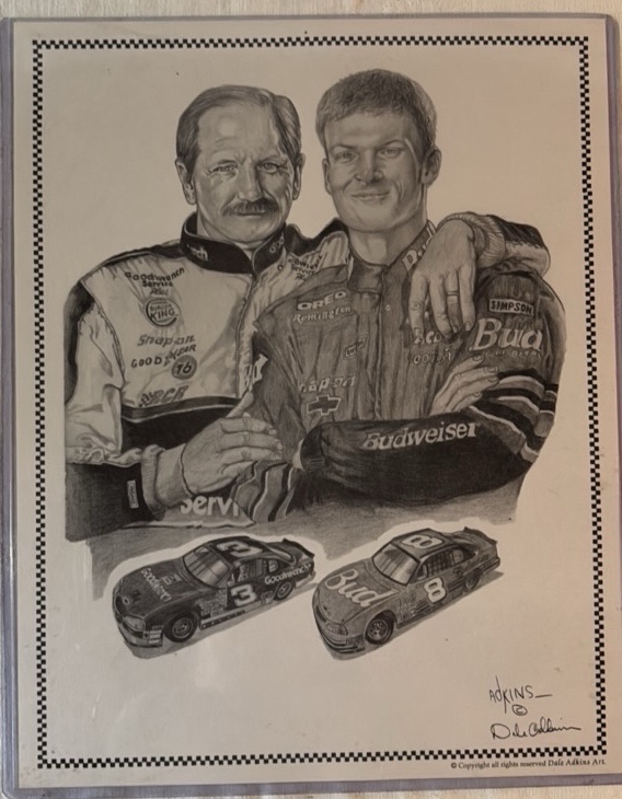 Black and White Pencil Sketch of Dale Earnhardt Sr and Jr