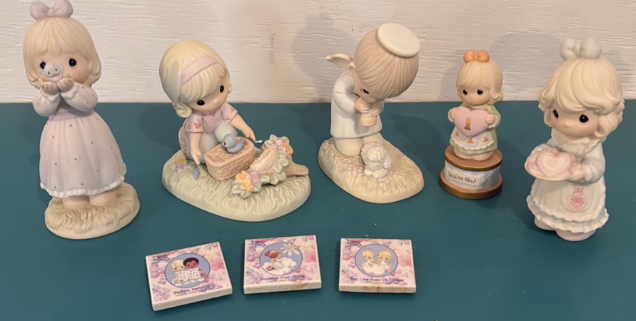 Five Precious Moments Figurines and Three Precious Moments Magnets