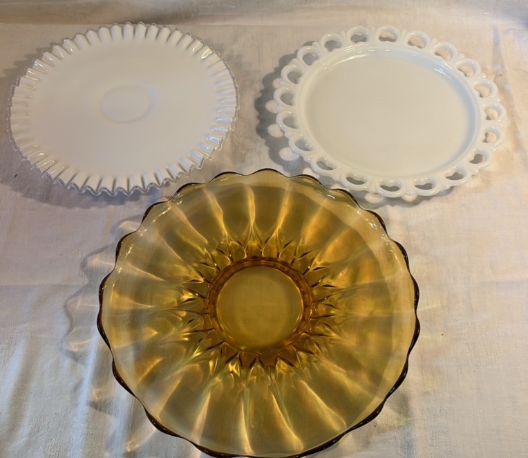 Vintage Fenton Cake Stand, Anchor Hocking Platter, Amber Glass Platter