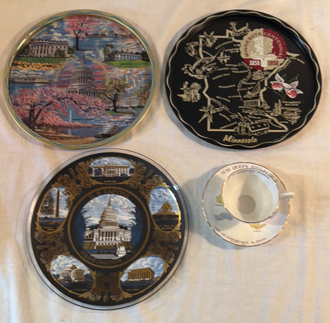 Souvenir Trays, Plate, and Cup and Saucer