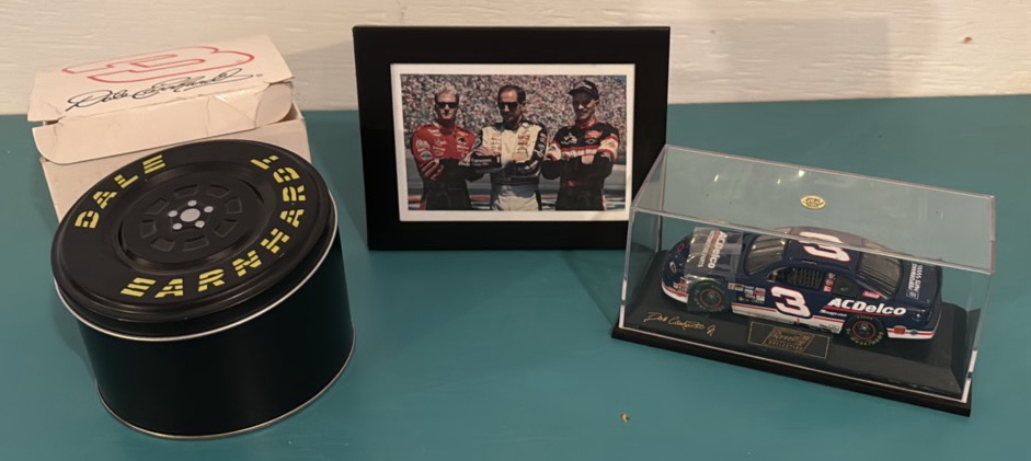 Tin Containing Dale Earnhardt Watch, Photo of Dale Sr, Jr and Kerry, #3 car in Acrylic Container
