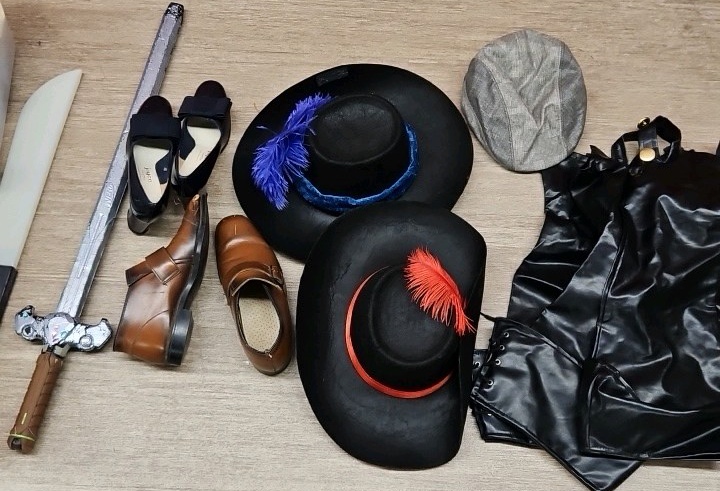 plastic tote of costume accessories