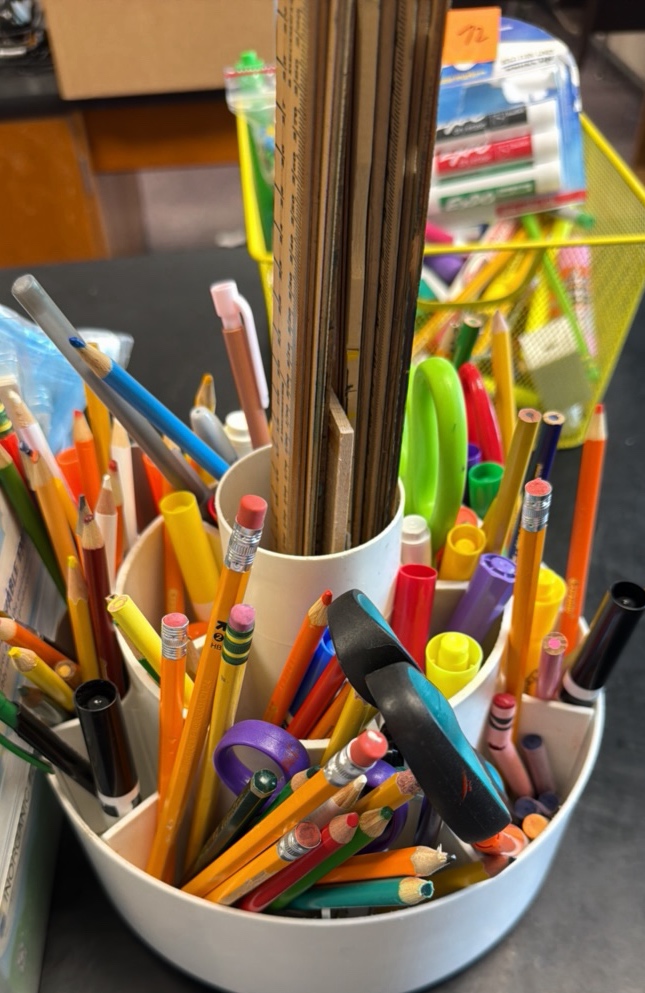 pens, pencils, colored pencils, markers, fidgets, multipurpose labels, masks, stapler