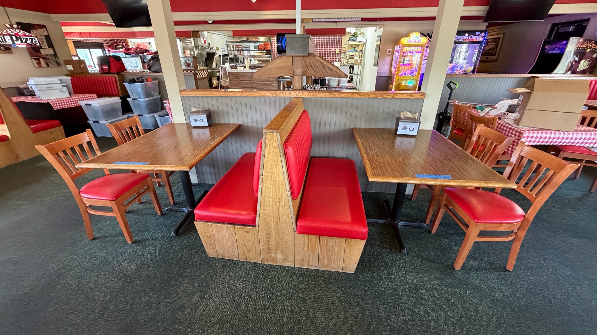 2 Tables, 4 Chairs, plus Double-sided Booth seat