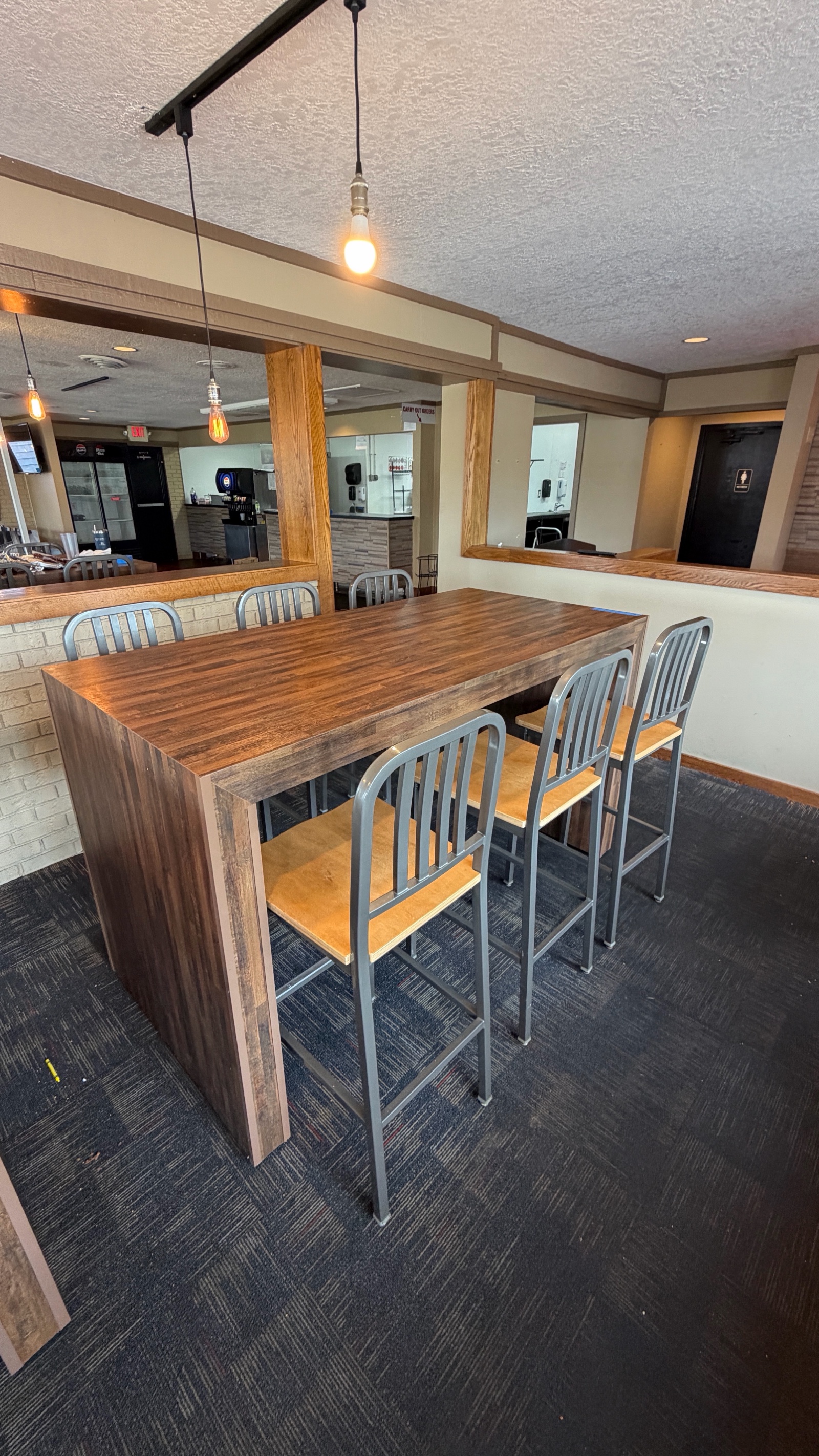 High Top Table and (6) Slat Back Bar Stools