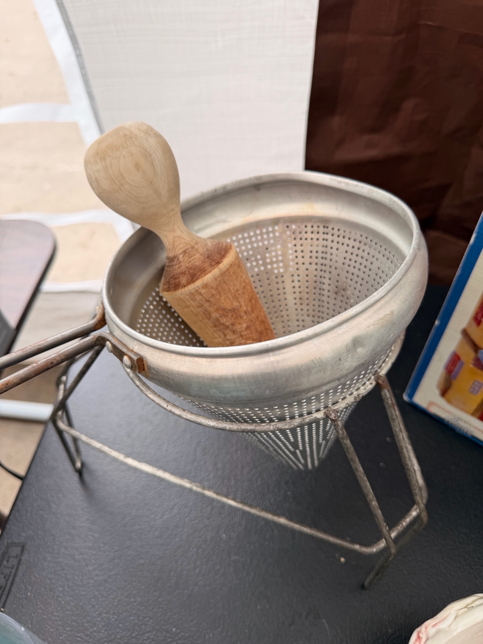 Vintage Aluminum Cone Colander Strainer with Stand & Wooden Pestle