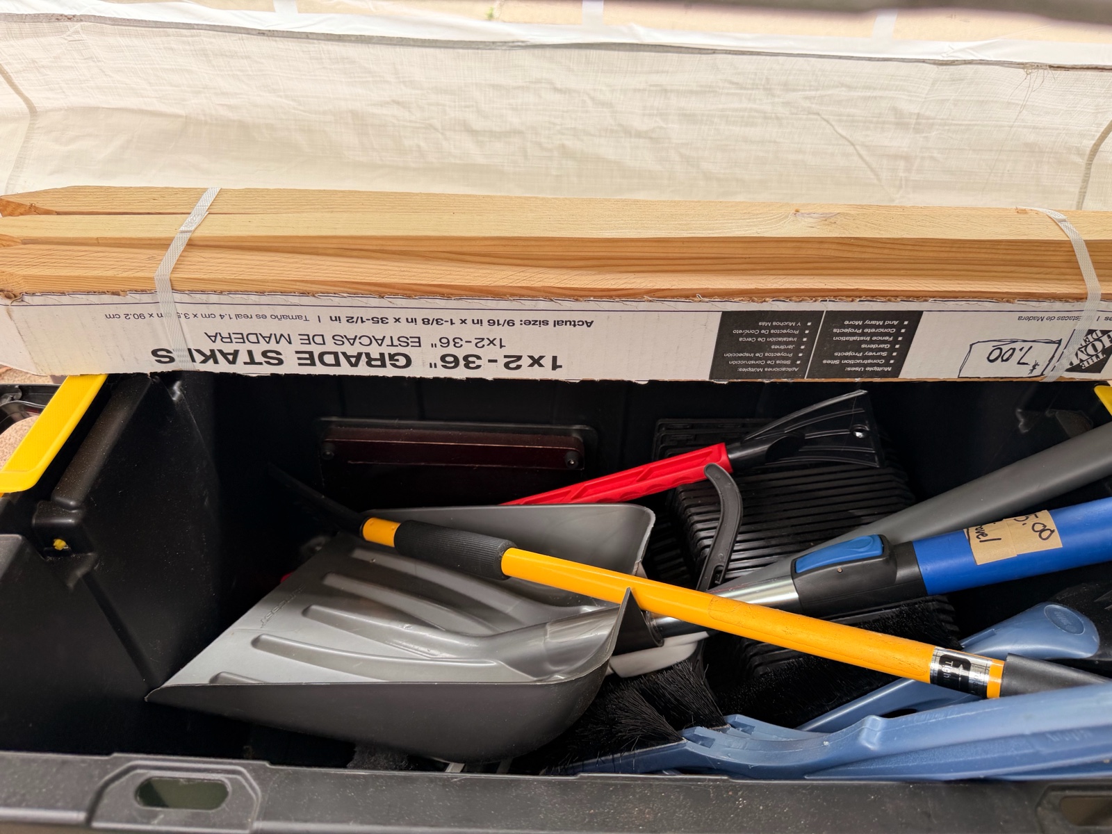 Various shoveles, Window Cleaners & ground stake plus bin.