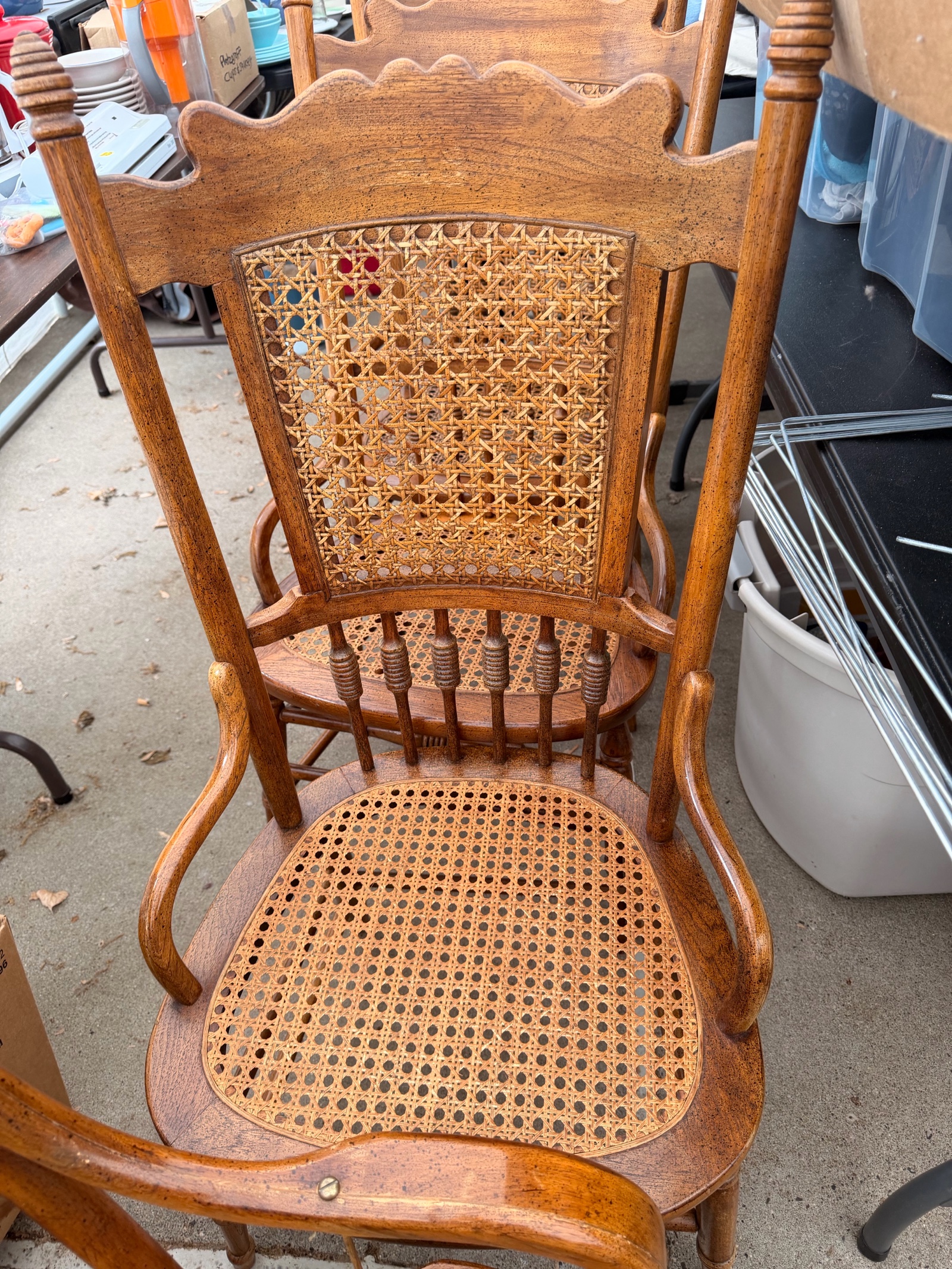 4 Wicker Type Wood Antique Chairs - One broken