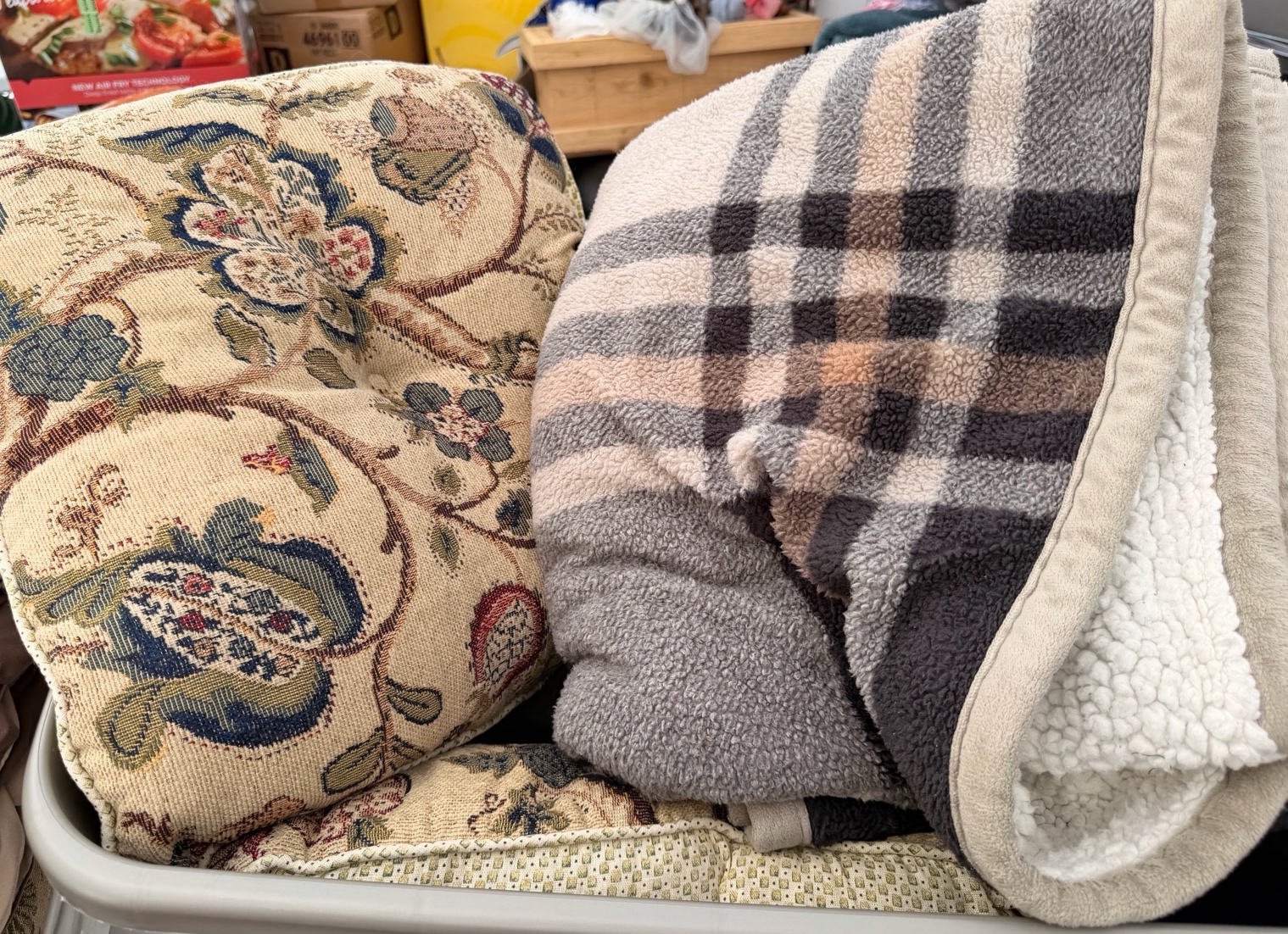 Throw Pillows, Plaid Fuzzy Blanket & Blue Blanket & Bin