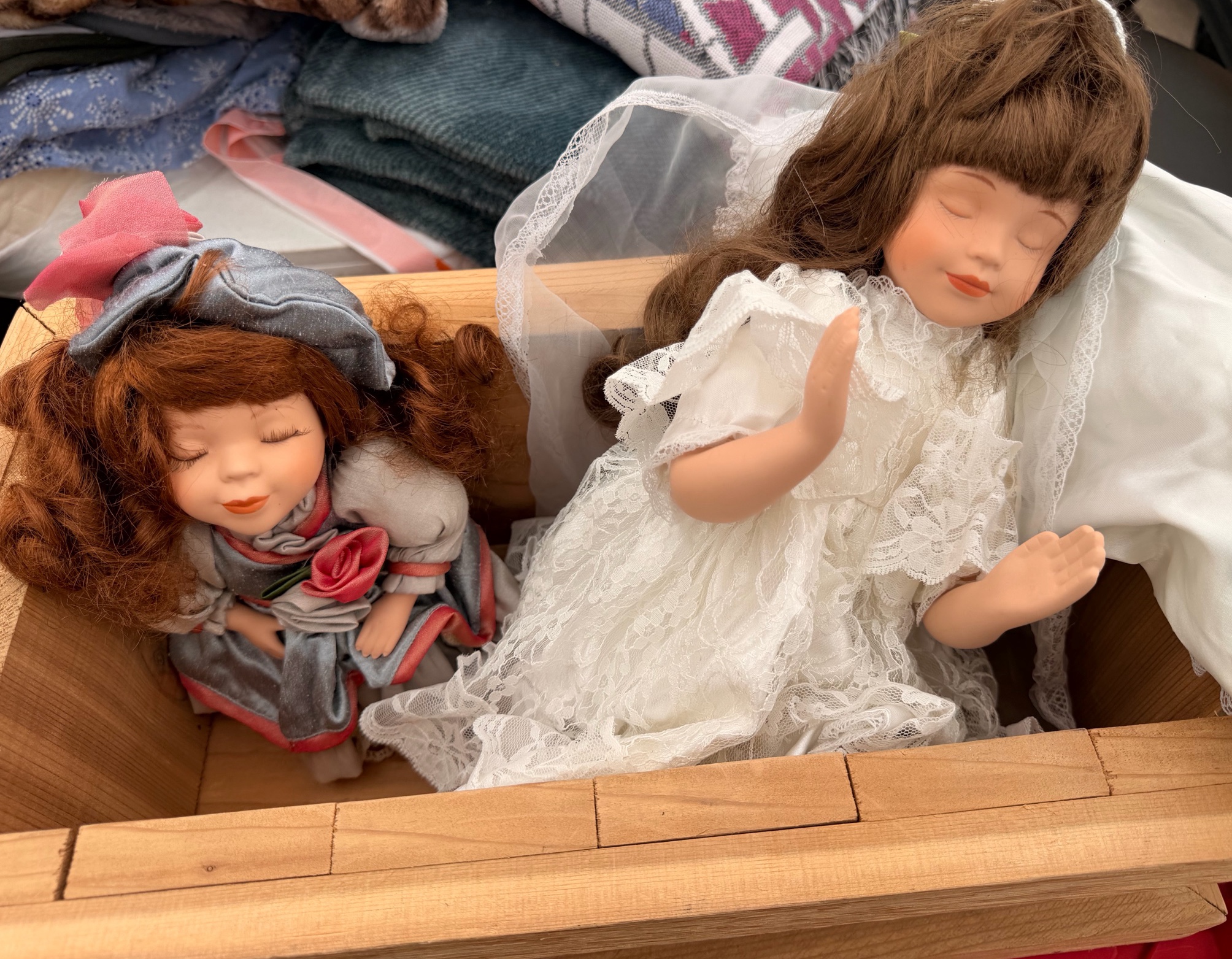Lot of 2 Porcelain Sleeping Dolls and Doll Pillow
