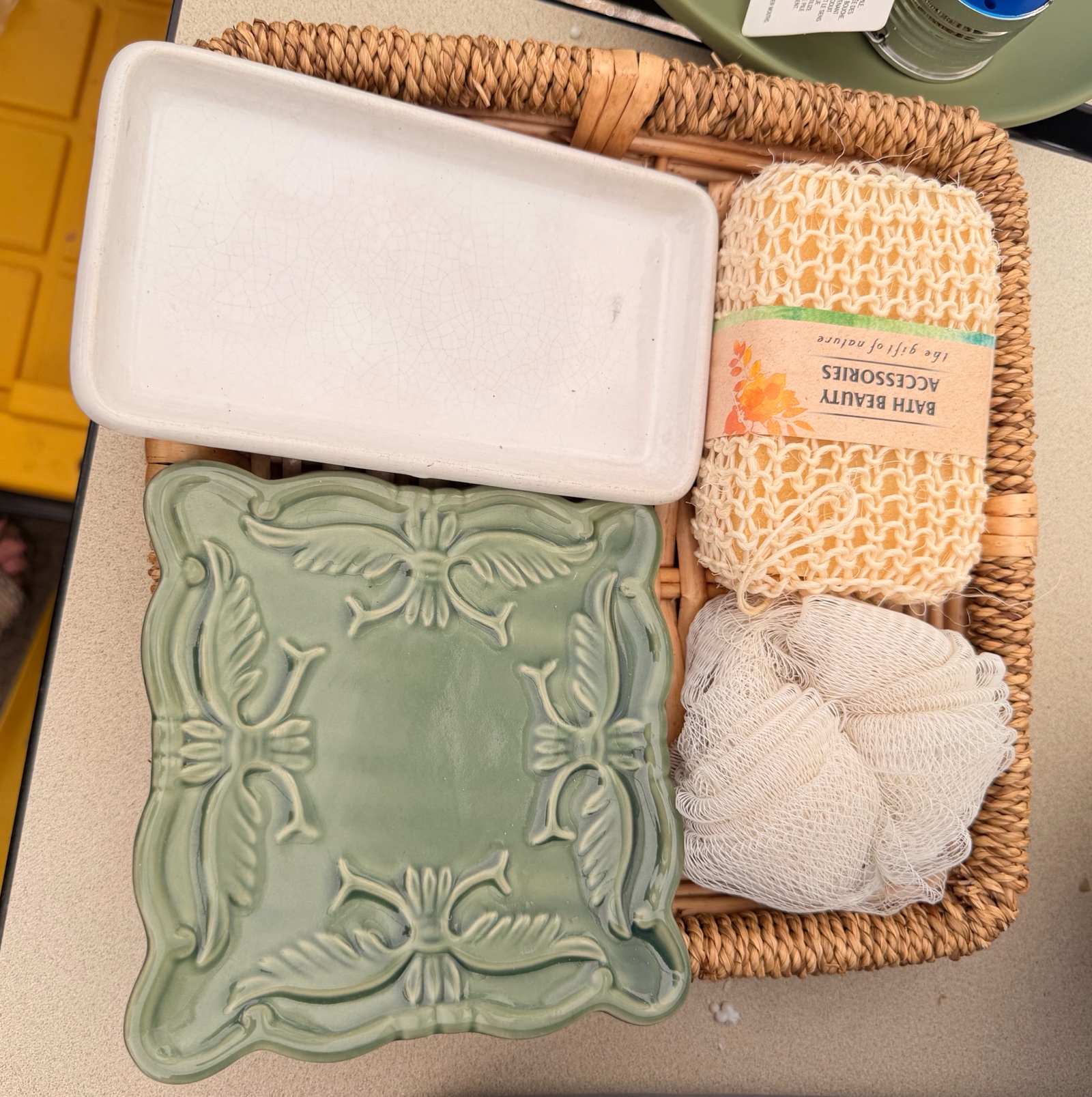 Lot of Shower supplies, Basket, and Glassware