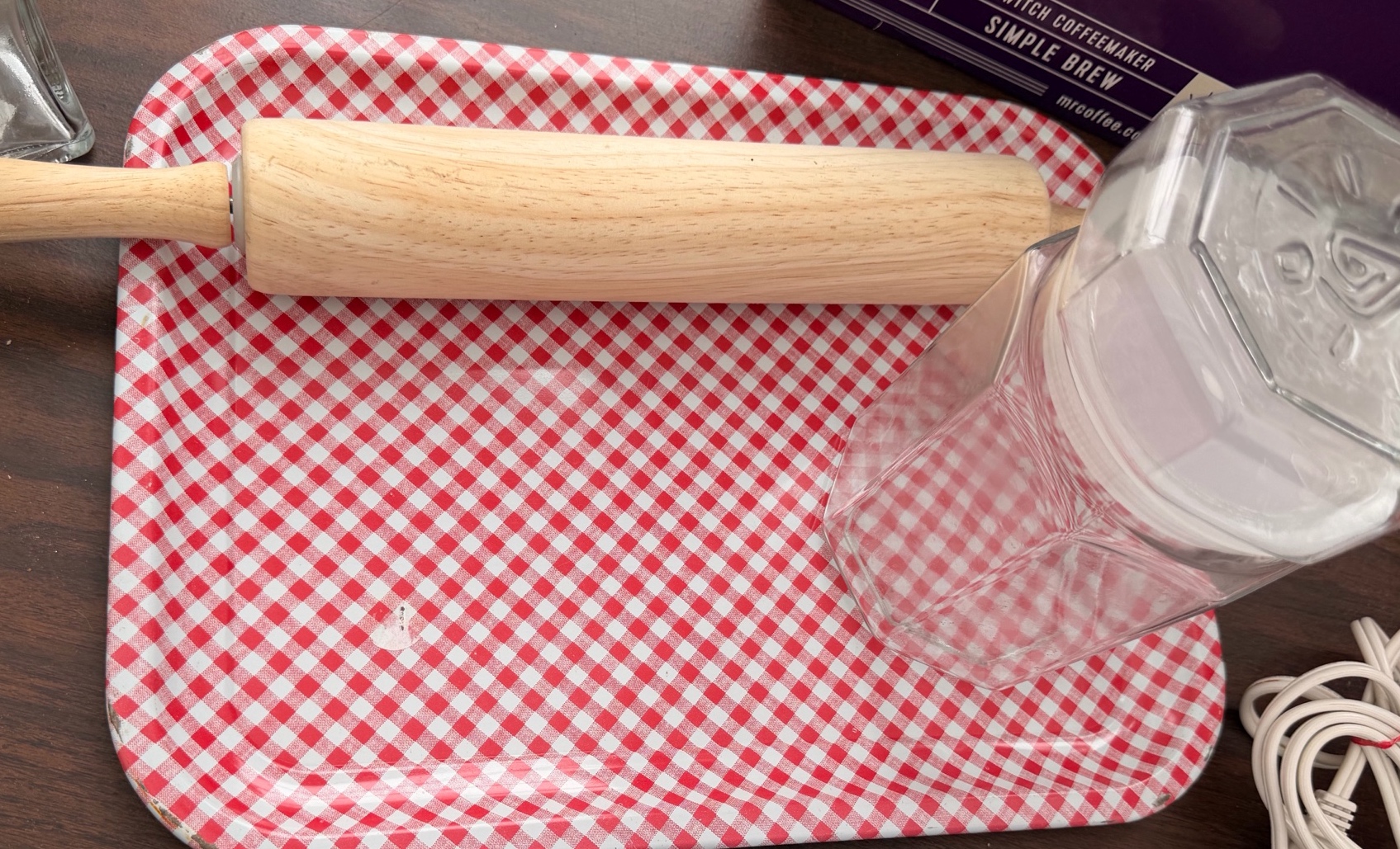 Checkered & Black Pans, Jar & Rolling pin.