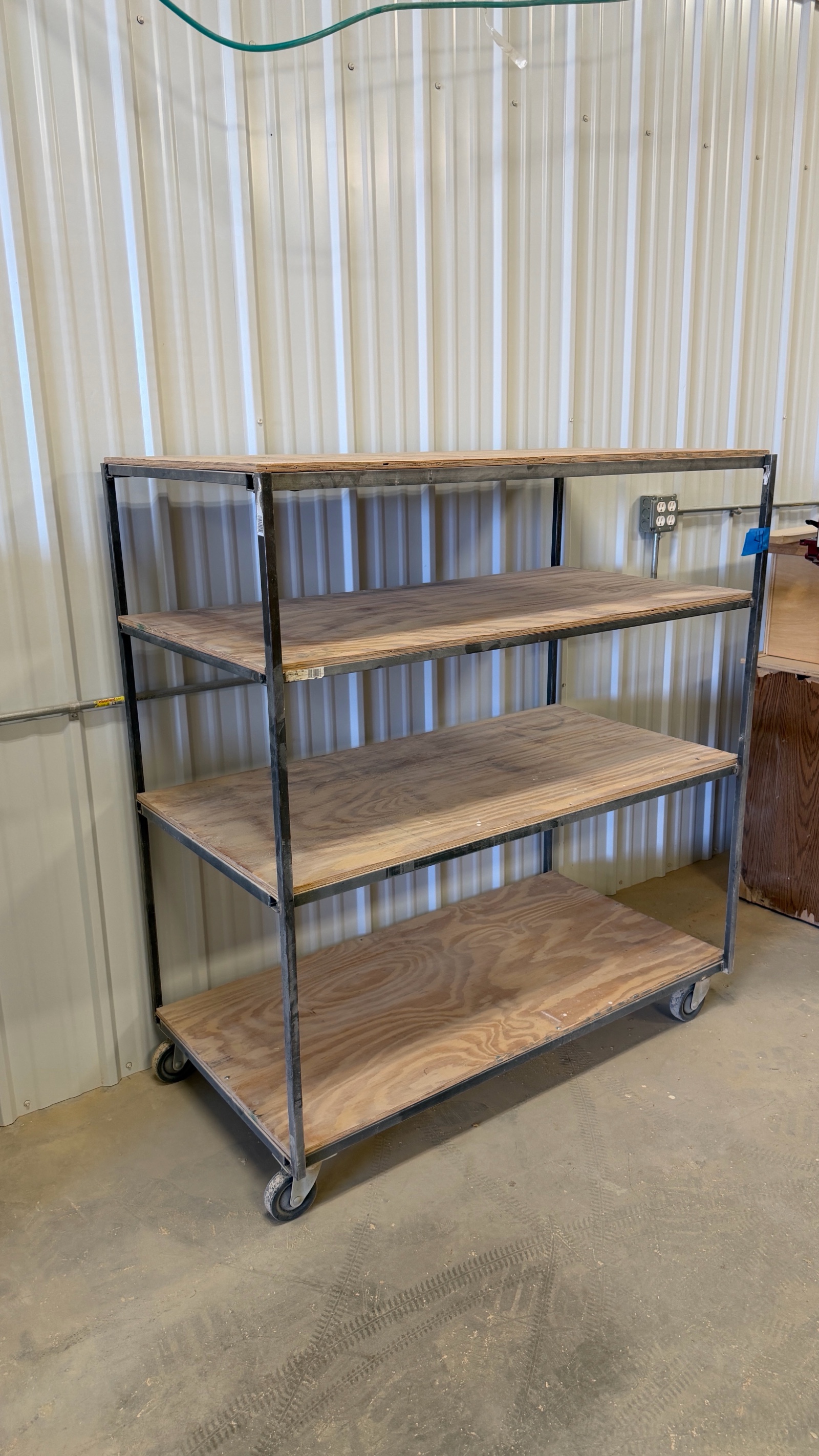 4-tier Rolling Steel Cart with wood shelves.